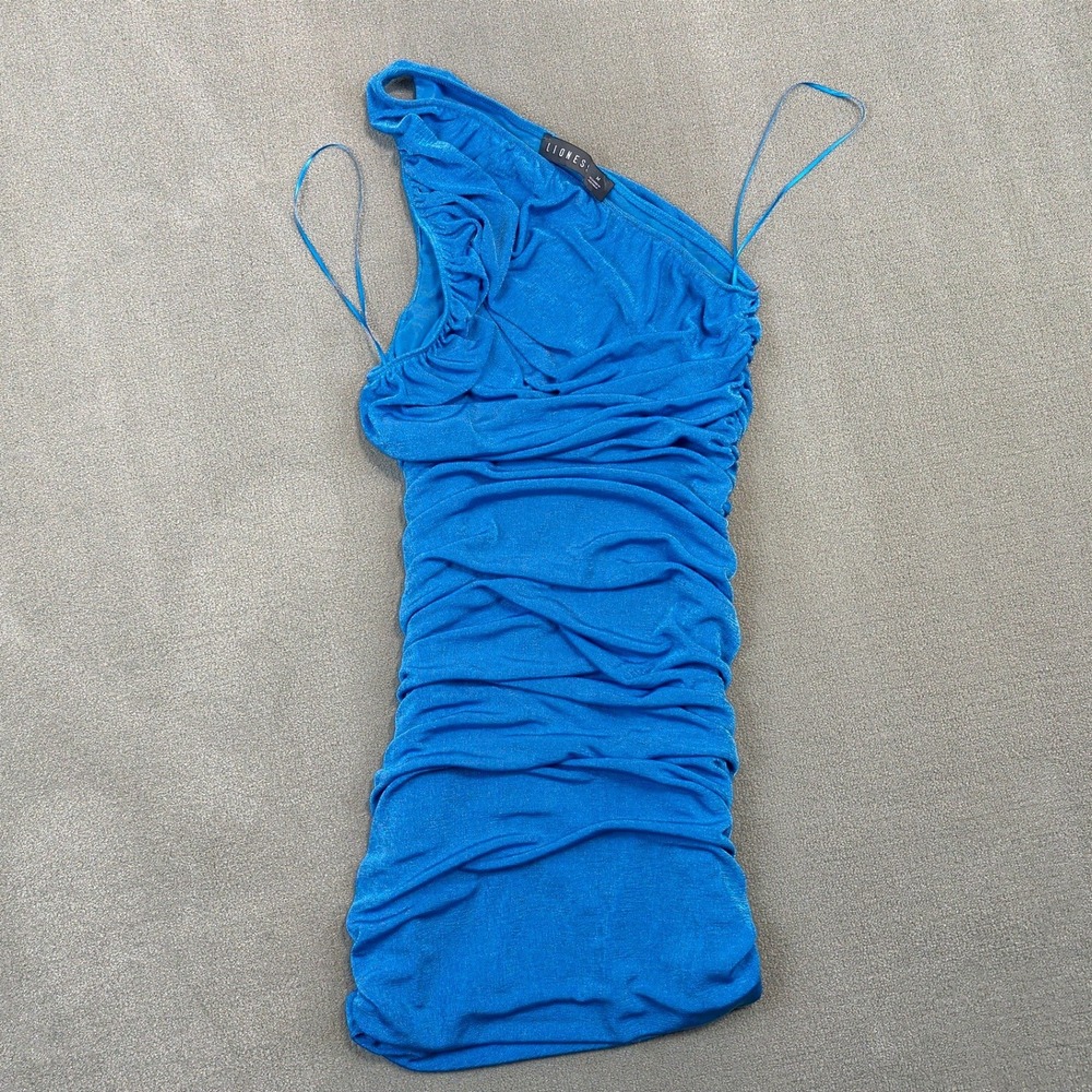 Lioness Mini Dress Womens Medium Blue One Shoulder Ruched Shimmer Bodycon Party